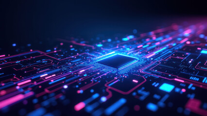 Obraz premium Futuristic digital landscape featuring a network of interconnected servers with vibrant neon lights representing a cloud-based data center environment.