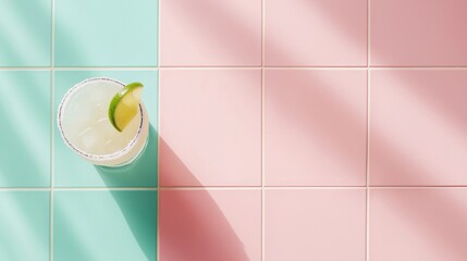 Refreshing lime cocktail on colorful tiled surface with playful shadows