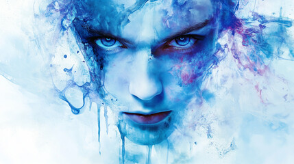 Fototapeta premium abstract portrait, blue watercolor art, intense eyes, emotional expression,