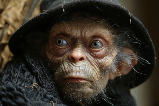 Curious alien in a black hat gazes thoughtfully into the distance at a nature reserve