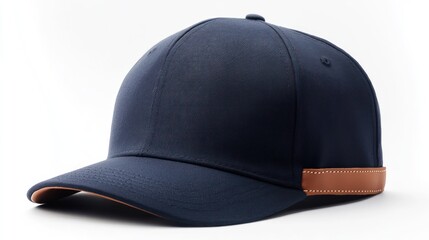Fototapeta premium A navy blue snapback hat with a leather strapback closure, isolated on a white background.