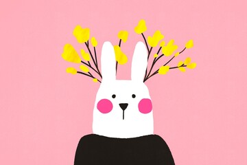 Cute rabbit with floral antlers on a pink background