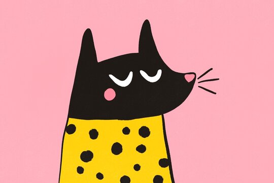 Whimsical Cat Illustration in Yellow and Pink Pastel Tones