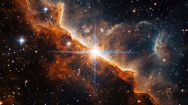 A bright star with diffraction spikes is surrounded by colorful gas and dust clouds, set against a backdrop of myriad stars in deep space