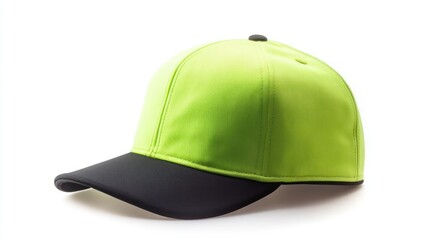 Fototapeta premium A neon green snapback hat with a high-contrast black brim, isolated on a white background.