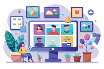 A woman interacts with an online gallery showcasing participants in a virtual meeting, Online gallery Customizable Flat Illustration