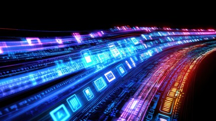 Fototapeta premium A neon-colored wave of data flowing through a matrix of digital symbols, illustrating the continuous transmission of information