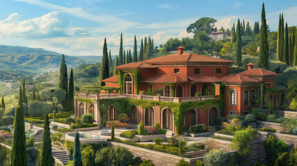 Obraz premium Mediterranean Villa with Terracotta Roofs and Expansive Terraces This digital illustration highlights panoramic views, vineyards, and a lush landscaped garden