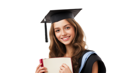 Cheerful Female Graduate in Square Academic Cap Holding a Book, Isolated on Transparent Background