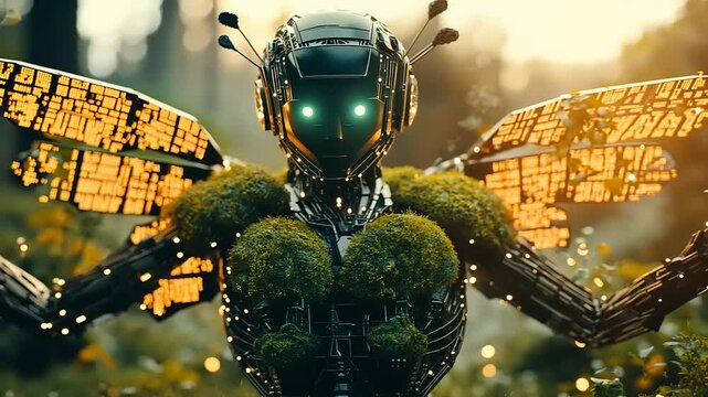 Futuristic robotic bee figure adorned with greenery, set against a vibrant natural backdrop