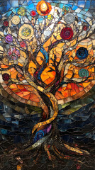 Fototapeta premium A tree of life with many branches and leaves, the tree is made from a glass mosaic art style 