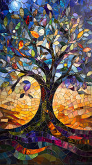 Obraz premium A tree of life with many branches and leaves, the tree is made from a glass mosaic art style 
