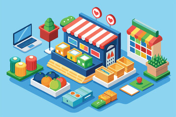 Naklejka premium This colorful online grocery store features customizable items, delivery options, and a variety of products, Online groceries Customizable Isometric Illustration