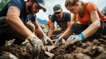 A group of people are digging in the dirt, with one of them wearing a blue shirt