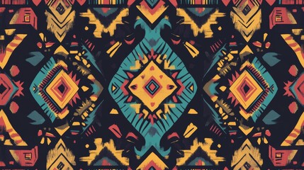 Colorful Aztec-inspired pattern with tribal designs. Use it for fabric, wallpaper, clothing, or gift wrap. Vector graphic 