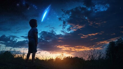 A young boy is standing in a field looking up at the sky