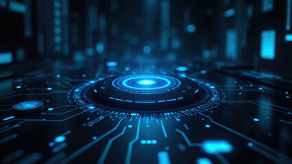 Futuristic digital network with blue neon lights.