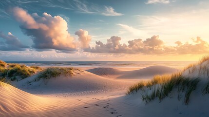 Beautiful sunrise over sand dunes on the Baltic Sea coast.