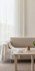 Fototapeta premium Cozy living room with soft textures and natural light during daytime hours