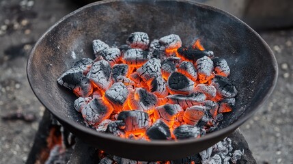 Burning charcoal briquettes in a large metal bowl outdoors, surrounded by embers and fire