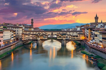 Ponte Vecchio over Arno river at sunset, Florence, Italy