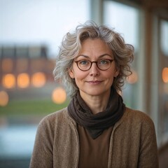 Portrait of a smiling middle aged woman with glasses
