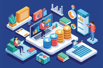 Obraz premium This illustration showcases a customizable online report generation process with data analysis tools, Online report Customizable Isometric Illustration