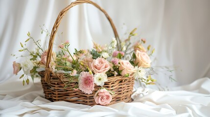 Basket with beautiful flowers on white fabric and white curtains background.