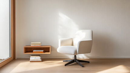 Modern white chair and wooden shelf in well-lit minimalist room