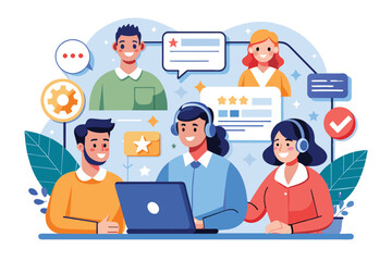 A team engages in online service management, communicating with clients and using technology effectively, online service management and clients providing positive feedback customer support