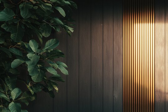 A sustainable biophilic home with golden kinetic facade panels, adapting to changing light conditions