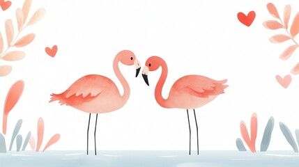 Obraz premium Illustrated flamingo couple in love with hearts and pastel foliage in watercolor style