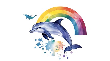 Naklejka premium Playful Dolphin Swimming under Vibrant Rainbow
