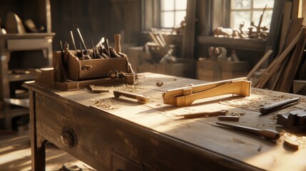 Wooden Craftsman Workshop Table with Tools and Wood
