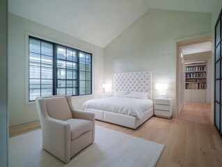 Modern minimalist bedroom with natural light and spacious design in a contemporary home