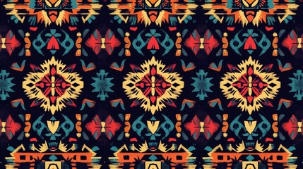 Colorful Aztec-inspired pattern with tribal designs. Use it for fabric, wallpaper, clothing, or gift wrap. Vector graphic. 