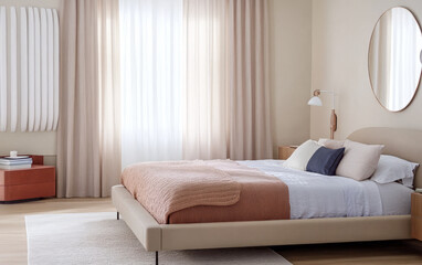 Modern bedroom interior design with warm tones and natural light in a cozy setting