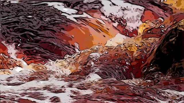 V&iacute;deo 4k de paisaje del R&iacute;o Tinto en Huelva,Espa&ntilde;a, dibujado con efecto c&oacute;mic, con movimientos r&aacute;pidos y atm&oacute;sfera al estilo Van Gogh, como dibujado y pintado.
