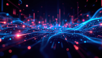 Fototapeta premium Dynamic digital cloud network with neon colors representing data processing, cybersecurity, and cloud computing technology.