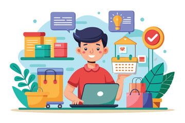 A cheerful individual uses a laptop to shop online, surrounded by colorful shopping elements and reminders, Online shopping Customizable Cartoon Illustration