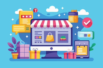 A computer displaying an online shop with various customizable items and notifications, Online shopping Customizable Semi Flat Illustration