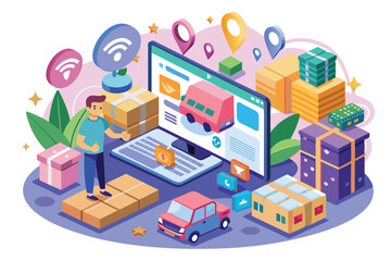 A person uses a laptop surrounded by packages, showcasing the experience of online shopping delivery, Online shopping delivery concept