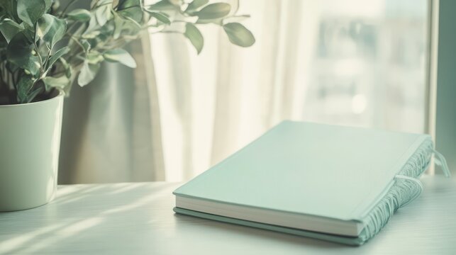 A serene and calming image of a blank notebook with a soft mint green cover, resting on a light grey desk.