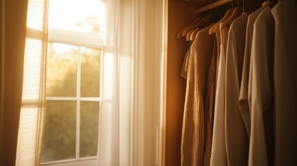 Minimalist wardrobe organization with soft sunlit glow through window