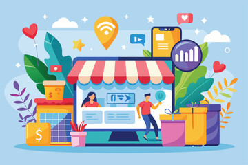 A lively digital storefront showcases promotional offers and interactive elements for online shopping enthusiasts, Online shop promotion concept