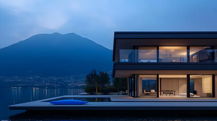 Fototapeta premium Modern Lakeside House Exterior With Illuminated Interior And Mountain View At Dusk