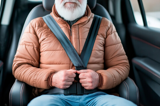 Mature driver prioritizing safety by fastening seatbelt. Travel security, road mindfulness, and responsible transportation highlight confidence, stability, and awareness for senior individuals.