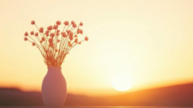 Serene sunset with vase of dried flowers creating a tranquil atmosphere - Powered by Adobe