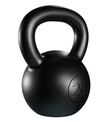 Kettlebell fitness weight, 20 kg heavy cast iron powerlifting equipment, painted black, isolated on white background. 3D illustration