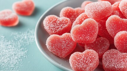 Heart-shaped sugar-coated red gummies in bowl on turquoise background